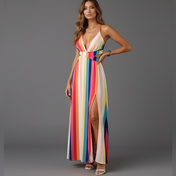 Striped Crisscross Tie Backless Split Thigh Cami Dress - Picture 1 of 10